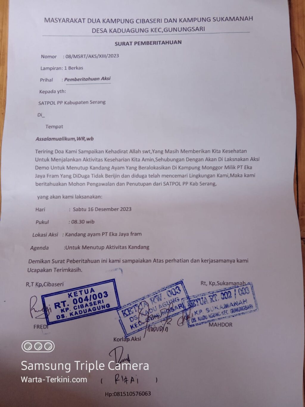 Masyarakat Desa Kadu Agung Akan Mengadakan Aksi Tutup PT. Eka Jaya Farm Masyarakat Desa Kadu Agung Akan Mengadakan Aksi Tutup PT. Eka Jaya Farm