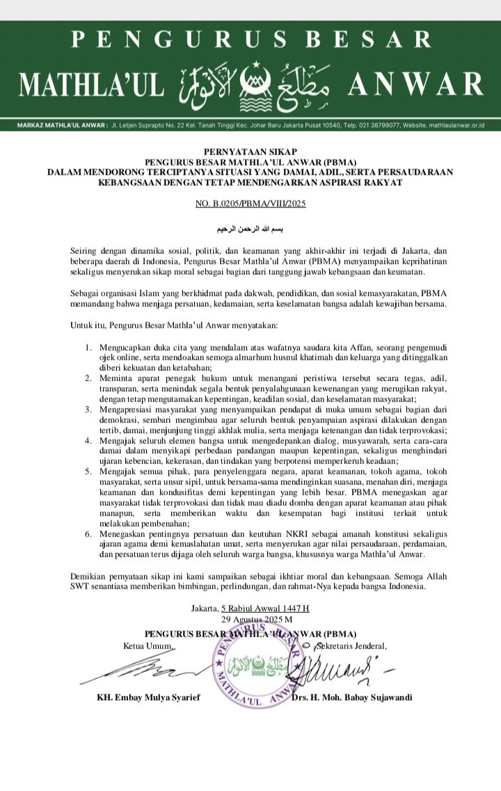 Mathla’ul Anwar Serukan Perdamaian dan Keadilan Pasca Gejolak Sosial Mathla’ul Anwar Serukan Perdamaian dan Keadilan Pasca Gejolak Sosial