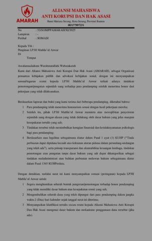 Aliansi Mahasiswa Somasi LP3H Mathla’ul Anwar soal Dugaan Pemotongan Honor