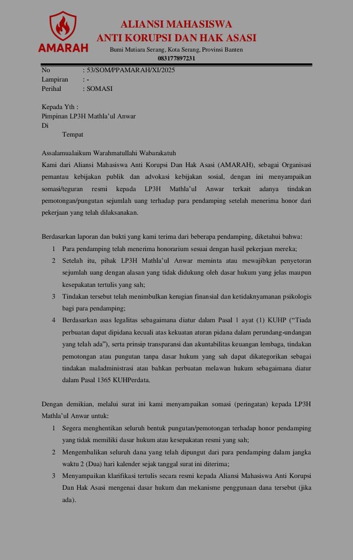 Aliansi Mahasiswa Somasi LP3H Mathla’ul Anwar soal Dugaan Pemotongan Honor