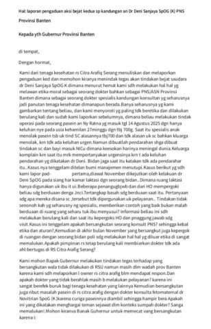 Tenaga Kesehatan RS Citra Arafiq Serang Laporkan Dugaan Pelanggaran Etik Dokter ASN