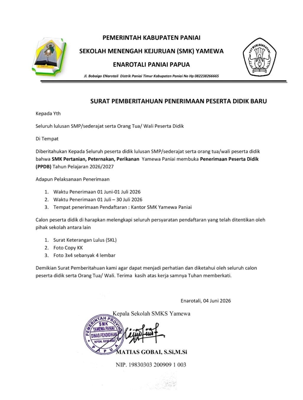 SMK Yamewa Paniai Buka PPDB 2026/2027 untuk Tiga Jurusan Unggulan SMK Yamewa Paniai Buka PPDB 2026/2027 untuk Tiga Jurusan Unggulan